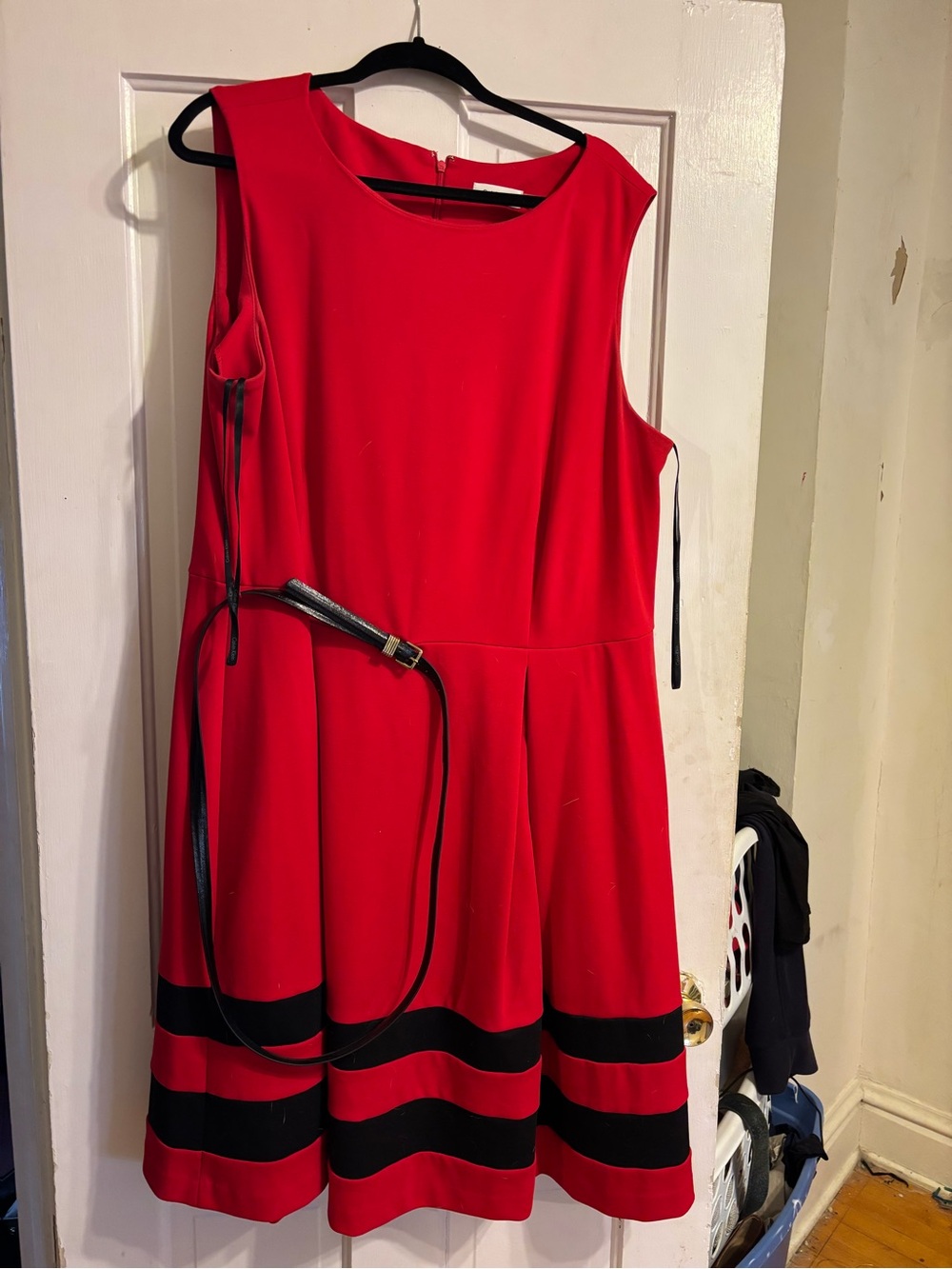 Calvin Klein Red Sleeveless Fit-and-Flare Dress with Black Bands
